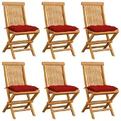 vidaXL Klapstoelen met rode kussens, 6 stuks, massief teakhout