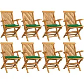 vidaXL Opklapbare stoelen met groene kussens, 8 stuks, massief teakhout