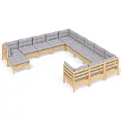 vidaXL 12-delige loungeset voor de tuin met grijze kussens, gemaakt van grenenhout