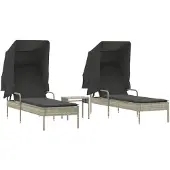 vidaXL Zonnebedden, 2 stuks, met zonnedak en tafel, lichtgrijs, polyrotan