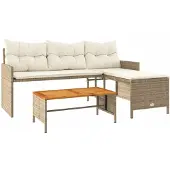 vidaXL Tuinbank met tafel en kussens L-vormig poly rattan beige