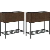 vidaXL Plantenbakken met schap 2 st 70x28x70 poly rattan bruin