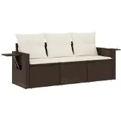 vidaXL 3-delige Loungeset met kussens poly rattan bruin