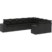 vidaXL 9-delige tuinmeubelset met kussens, zwart, polyrotan