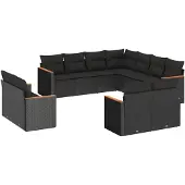 vidaXL 11-delige tuinmeubelset met kussens, zwart, polyrotan