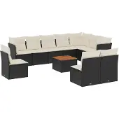 vidaXL 11-delige tuinmeubelset met kussens, zwart, polyrotan