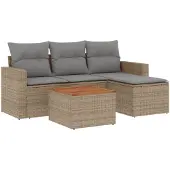 vidaXL 5-delige tuinmeubelset met kussens, beige, van polyrotan