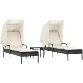 vidaXL Zonnebedden, 2 stuks, met zonnedak en tafel, zwart, polyrotan