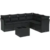 vidaXL 7-delige Loungeset met kussens poly rattan zwart
