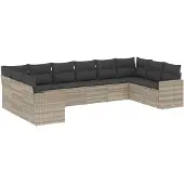 vidaXL 10-delige tuinmeubelset met sofa en kussens, lichtgrijs, polyrotan