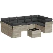 vidaXL 10-delige Loungeset met kussens poly rattan lichtgrijs