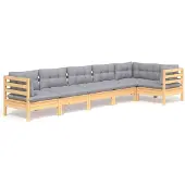 vidaXL 6-delige loungeset voor de tuin met grijze kussens, gemaakt van grenenhout