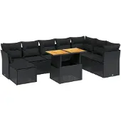 vidaXL 9-delige tuinmeubelset met kussens, zwart, polyrotan