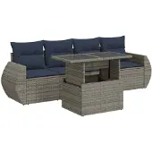 vidaXL 5-delige tuinmeubelset met kussens, grijs, polyrotan, acaciahout