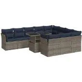 vidaXL 11-delige tuinmeubelset met sofa, inclusief kussens, grijs, polyrotan, acaciahout