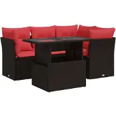 vidaXL 5-delige Loungeset met kussens poly rattan acacia bruin