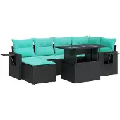 vidaXL 7-delige tuinmeubelset met kussens, zwart, polyrotan