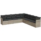 vidaXL 9-delige Loungeset met kussens poly rattan lichtgrijs