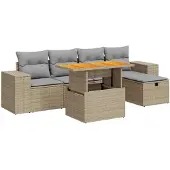 vidaXL 6-delige tuinmeubelset met kussens, beige, polyrotan, acaciahout