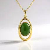 Cavill - Zilveren Ketting 925 Sterling - Canadese Groene Jade Cabochon 5,86 ct - Ovaal Vergulde Hanger - Elegante Dames Sieraden
