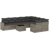 vidaXL 10-delige Loungeset met kussens poly rattan grijs