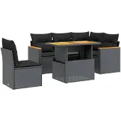 vidaXL 6-delige Loungeset met kussens poly rattan zwart