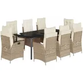 vidaXL 9-delige tuinset met kussens, beige, van polyrotan