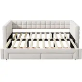 MODFU - Bedframe 90x200 cm – Beige fluweel met uitschuifbed & 2 lades – Daybed