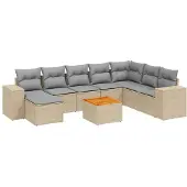 vidaXL 9-delige tuinmeubelset met kussens, beige, van polyrotan