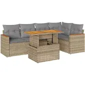 vidaXL 6-delige tuinmeubelset met kussens, beige, polyrotan, acaciahout