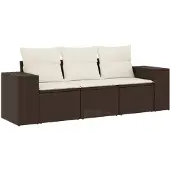 vidaXL 3-delige Loungeset met kussens poly rattan bruin