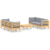 vidaXL 7-delige loungeset voor de tuin met grijze kussens, gemaakt van grenenhout