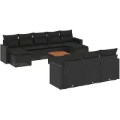 vidaXL 11-delige tuinmeubelset met kussens, zwart, polyrotan