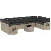 vidaXL 11-delige Loungeset met kussens poly rattan lichtgrijs