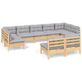 vidaXL 9-delige Loungeset met grijze kussens massief grenenhout