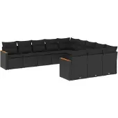 vidaXL 11-delige tuinmeubelset met kussens, zwart, polyrotan