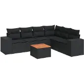 vidaXL 7-delige tuinmeubelset met kussens, zwart, polyrotan