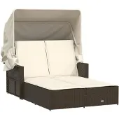 vidaXL Ligbed 2-persoons met luifel en kussens poly rattan bruin