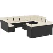 vidaXL 14-delige Loungeset met kussens poly rattan zwart