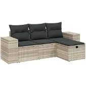 vidaXL 4-delige Loungeset met kussens poly rattan lichtgrijs