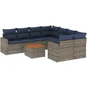 vidaXL 9-delige tuinmeubelset met kussens, grijs, polyrotan