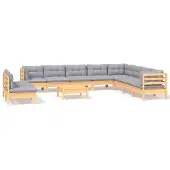 vidaXL 11-delige loungeset voor de tuin met grijze kussens, gemaakt van massief grenenhout