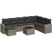 vidaXL 9-delige Loungeset met kussens poly rattan grijs