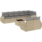 vidaXL 9-delige Loungeset met kussens poly rattan beige
