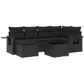 vidaXL 7-delige tuinmeubelset met kussens, zwart, polyrotan