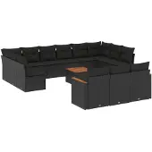 vidaXL 14-delige loungeset voor de tuin met kussens, zwart, polyrotan