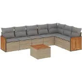 vidaXL 8-delige tuinmeubelset met kussens, beige, van polyrotan