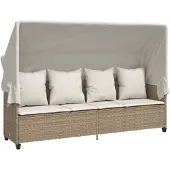 vidaXL - Ligbed - met - luifel - en - kussen - poly - rattan beige