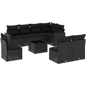vidaXL 9-delige Loungeset met kussens poly rattan zwart