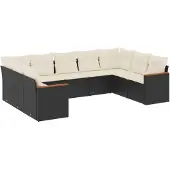 vidaXL 9-delige tuinmeubelset met kussens, zwart, polyrotan